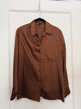 Maje Womens Silk Geometric Print Button Down Blouse Brown Orange Size 1